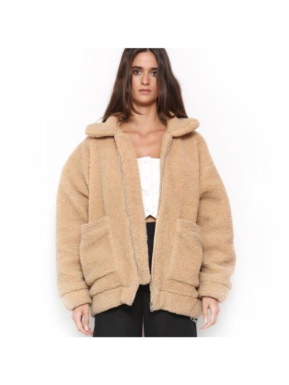 I Am Gia Caramel Tan Collared Sherpa Fleece Zip-Up Pixie Teddy Jacket, Size XS